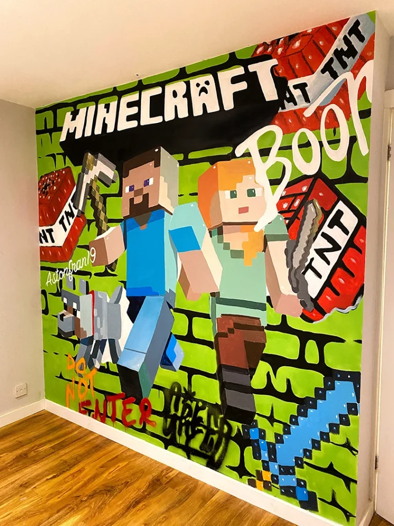 Colourful Minecraft Themed Bedroom Graffiti Mural